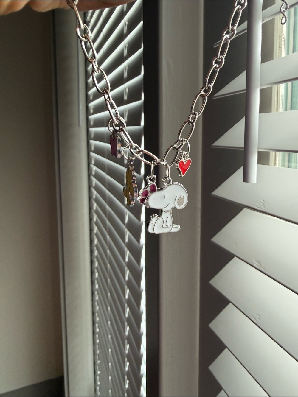 Snoopy Silver Charm Necklace with Pink & Red Accents
